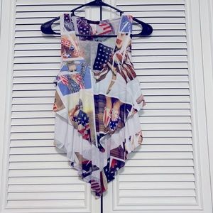 American Flag collaged Ruffled Sleeveless Shirt Sm